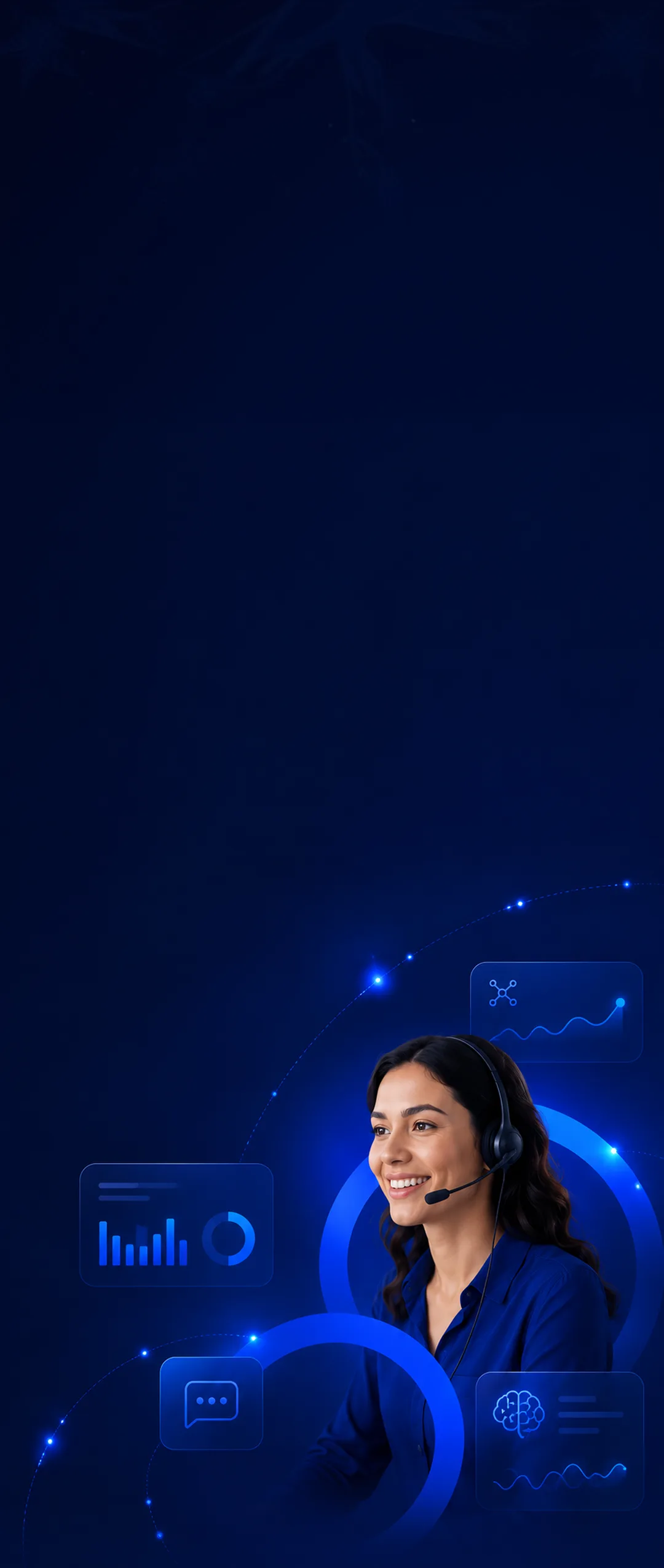 Agente de atendimento com headset envolta por interfaces de IA